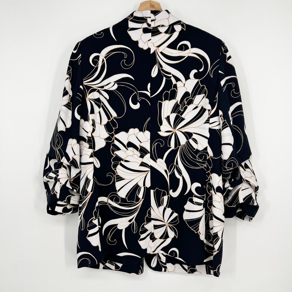 Chico's Open Blazer Jacket Womens US 12 / 2 Navy Blue Floral Ruched 3/4 Sleeve - Picture 2 of 9